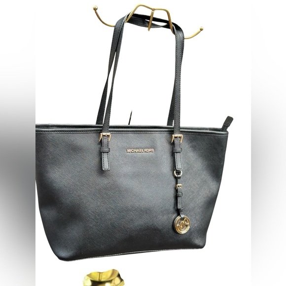 Michael Kors Black Leather Tote with Gold Accents - Picture 3 of 13